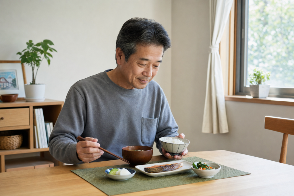 朝の光の中で和朝食をとる自然な生活風景