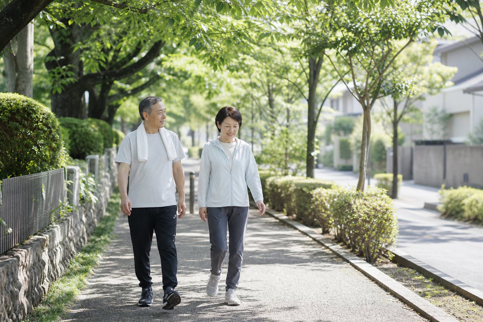 緑のある道を無理なく歩く夫婦の自然な生活風景